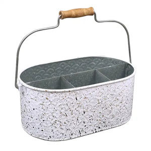 Rustic Galvanized Metal Divided Storage Basket with Ring Handle Portable Wooden Functions <b>Utensil</b> Caddy Silverware <b>Organizer</b> - Product Image 2