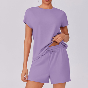 Summer Outfits Women T Shirt And Short <b>Sets</b> Drop Shoulder Sleeve Crew Neck Drawstring Waistband Women's <b>Sets</b> Everyday To Wear - Product Image 3