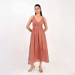Vestido largo de gasa con estampado geométrico rojo, tirantes finos, cintura elástica, espalda fruncida, ropa informal de verano - Product Image 3