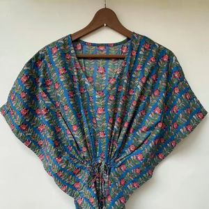 Nuevo Kaftán con Estampado Animal, Cuello en V, Cierre con Cordón, Manga Corta, Corte Ajustado, de Algodón Suave Indio, con Encaje, Largo Completo, para Mujer - Product Image 1