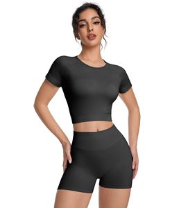 Women 2 Piece Yoga Set Solid Black <b>Crop</b> <b>Top</b> High Waist Shorts Breathable Workout Outfit Crew Neck Short Sleeve Shirt And Short - Product Image 6