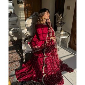 ชุดใส่ด้านบนด้านล่างและชุด dupatta ขนาด XL ประดับด้วยด้ายและลำดับ - Product Image 4