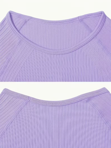Lavender Ribbed Yoga Set High Waist Full Length <b>Leggings</b> With Short Sleeve <b>Crop</b> Top Seamless Four-Way Stretch Two Piece - Product Image 6