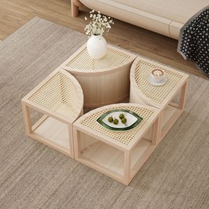 Tavolino da Caffè Modulare in 4 Pezzi, Rattan Naturale Chiaro, da Rotondo a Quadrato con Vano Portaoggetti - Product Image 1