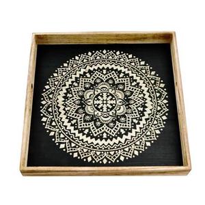 Square Wooden Storage Tray with Black and White Mandala Design Bohemian Style Engraved Tableware Serving Tray - Product Image 1