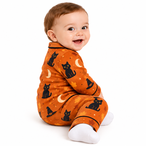 Ensemble pyjama d'Halloween pour bébé, motif chat noir, chapeau de sorcière, feuille de lune, chemise à manches longues avec boutons, pantalon, vêtements de nuit pour nourrissons - Product Image 2