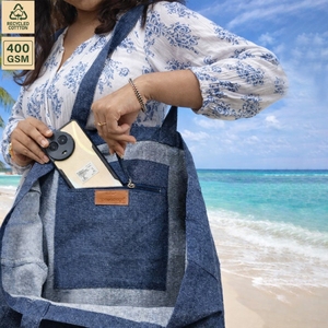 Bolsa de tela vaquera de 400 GSM con logotipo personalizado, bolsillo interior con cremallera, bolsa de compras reutilizable grande, 45.7x36.8x15.9 cm, venta al por mayor OEM - Product Image 5