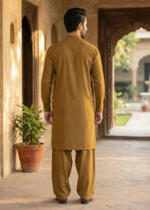 Kurta Salwar Kameez de Algodón Color Mostaza para Hombre, Manga Larga, Largo hasta el Tobillo, Diseño Tradicional Casual Moderno, Alta Calidad, Corte Regular - Product Image 3