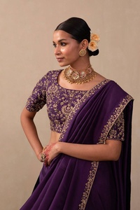 Premium Quality <b>Purple</b> Indian Long Anarkali Designer Silk <b>Saree</b> with Embroidery Work Customizable Blouse for Women Adults - Product Image 6