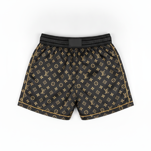 Shorts de boxe personnalisés imprimés pour hommes, coupe classique, polyester extensible, vêtements d'arts martiaux, taille adulte, motif monogramme noir et or - Product Image 1