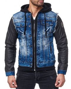 Veste en jean pour homme avec manches en cuir, fermeture éclair à capuche, bleu délavé, coupe slim décontractée, style automne-hiver - Product Image 4