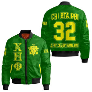 เสื้อแจ็คเก็ตบอมเบอร์สีเขียวสำหรับผู้ชาย ยี่ห้อ Chi Eta Phi พร้อมตัวอักษรสีเหลืองและหมายเลข 32 ลายพิมพ์ Service For Humanity ซิปด้านหน้า สไตล์ลำลอง - Product Image 1