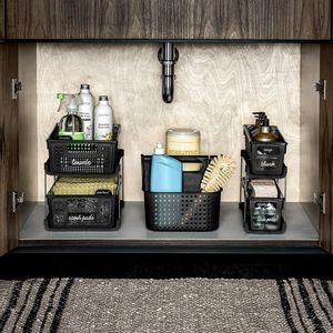 Antimicrobial 2-Tier Storage Organizer with <b>Slide</b> Out Dividers and Handles Multi-Purpose for Home Bath Pack of 1 Carbon - Product Image 2