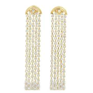 Boucles d'oreilles pendantes de 6,5 cm avec diamants de laboratoire taille ronde sertis clos, bijoux de mariage en or massif 14K 18K, fabrication artisanale - Product Image 1