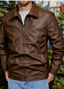 TRIBON SPORTS <b>Men's</b> Black Cow Skin <b>Leather</b> Bomber <b>Jacket</b> Stand Collar Zipper Closure Slim Fit Regular Sleeve Solid Color Winter - Product Image 4