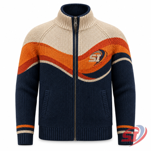 Custom Intarsia Knit <b>Jacket</b> Full Zip Ribbed Sweater Wave Pattern <b>Cardigan</b> Private Label OEM ODM Knitwear Supplier - Product Image 1