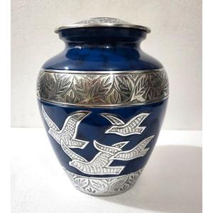 Decorative Metal Cremation Urn And <b>Vase</b> Engrave Leaf Bend Design And Flying Birds Blue Finish Memorial Adult Urns For Ashes - Product Image 1