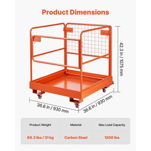 Carrello Elevatore a 4 Ruote con Gabbia di Sicurezza, Capacità 1200 Libbre, con Cestello Porta-Persone e Piattaforma di Lavoro Pieghevole - 36,6 X 36,6 Pollici - Product Image 2