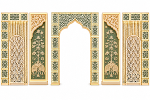 Mandap de mariage tendance inspiré du palais moghol, décoration de scène de mariage de luxe avec cadre doré et panneaux à motifs verts - Product Image 5