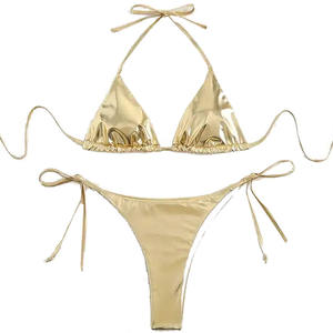Women's Metallic Green Triangle <b>Bikini</b> Set Tie Side Bottom Halter <b>String</b> Swimwear Stretch Two Piece Bathing Suit - Product Image 4