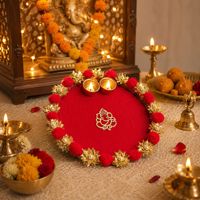 Thali de Ganesha con Pompón y Diya de Metal, Thali Religioso Decorativo Hecho a Mano para Celebraciones Festivas y Regalos