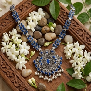 DIVYORO ELEGANT <b>BLUE</b> STONE and SILVER LEAF MOTIF LONG ADJUSTABLE LENGTH WOMEN'S ETHNIC <b>NECKLACE</b> - Product Image 3