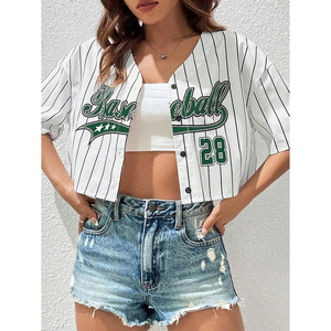 Unisex White Striped Baseball Jersey Short Sleeve Cropped <b>Top</b> <b>Green</b> Baseball Print Number 28 3D Embroidery Silk/Cotton Summer - Product Image 6