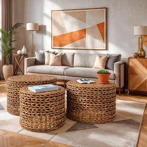 Tables gigognes en jacinthe d'eau rustiques tissées à la main meubles d'extérieur en fibres naturelles - Product Image 1