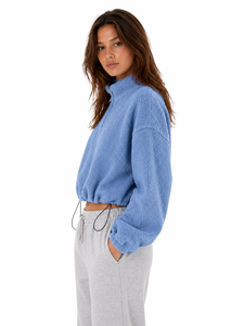 <b>Women</b>’s Premium Blue Fleece Crop <b>Sweatshirt</b> <b>Half</b> <b>Zip</b> Pullover Hoodie Soft Teddy Fleece Top Elastic Hem Adjustable Drawstring - Product Image 2