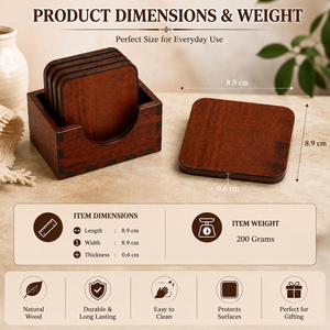 Square <b>Wooden</b> Coaster <b>Set</b> of 6 | Brown Wood Drink Coasters | <b>Tea</b> Cup, Coffee Mug & Glass Coasters | Dining Table - Product Image 4