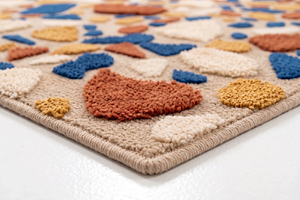 Tapis en terrazzo bleu rouille moutarde, motif abstrait multicolore en galets, tapis bicolore à poils longs et courts avec formes texturées en relief pour un intérieur moderne - Product Image 5