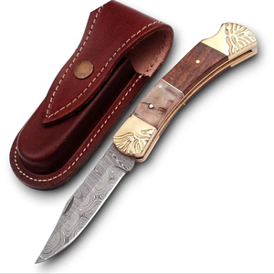 Couteau de poche pliant en acier Damas, gravé à la main, avec manche en laiton, cor de bélier et bois de rose, personnalisable OEM/ODM, couteau de camping, faibles MOQ - Product Image 1