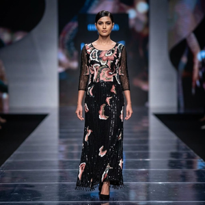 Vestido de Noche Moderno para Mujer, Negro, con Lentejuelas Bordadas, Corte en A |   Vestido de Fiesta Largo hasta el Suelo con Manga Media, Estampado Floral y Espalda Descubierta - Product Image 3