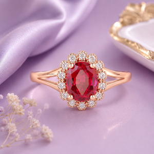 Bague de luxe ovale en saphir avec halo de diamants ronds sertis à griffes pour femme, en or 10K 14K 18K ou argent 925/935, idéale pour les fêtes - Product Image 1