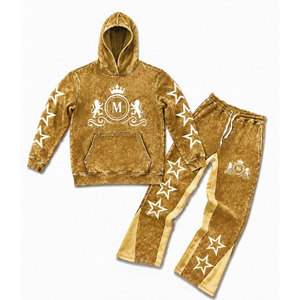 Gold Acid Wash Hooded Tracksuit Set With <b>White</b> Stars And 350 gsm Full Length Drawstring Pants 100% Cotton Streetwear - Product Image 1