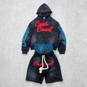 Red Hooded 100% Cotton Fleece Thickness Tracksuit Set for <b>Men</b> with Printed Letters and Zipper Closure Vintage Winter Wear - Product Image 3