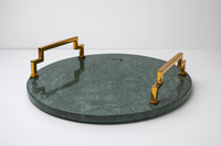 Plateau rond en marbre fait main, best-seller, avec poignées dorées pour cuillères/fourchettes, design minimaliste, bords dorés, décoration de table