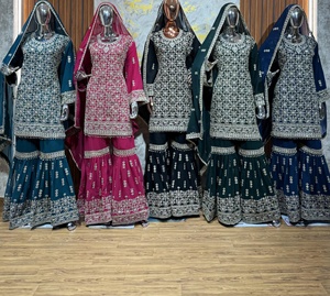 Elegante Blooming Georgette Gharara Bordado delantero y trasero, Zarkan Stones, Heavy Dupatta con borde al por mayor Juego de 4 - Product Image 2