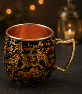 Taza de cobre artesanal exótica, mitológica, azul real y dorada, estilo Moscow Mule, de lujo, pintada a mano, con diseño de arte étnico, cobre puro. - Product Image 4