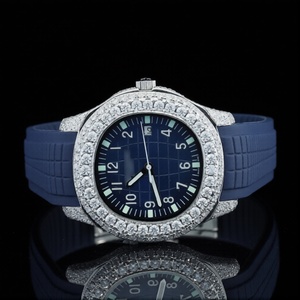 นาฬิกาข้อมืออัตโนมัติสไตล์วินเทจฮิปฮอป หน้าปัดกลมสีน้ำเงินเต็มรูปแบบ สายยาง ประดับโมอิสซาไนต์ แฟชั่นสำหรับทุกเพศ - Product Image 1