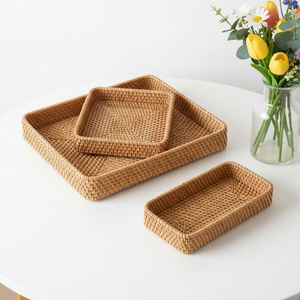 Ensemble de 3 plateaux de service en rotin, fabrication artisanale, écologiques, en osier tressé, pour la maison, usage quotidien, salon, cuisine, salle de bain - Product Image 1