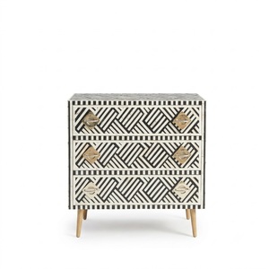 Table de chevet classique noire et blanche avec incrustation en os en chevron, armoire de rangement moderne à 2 portes avec motif en zig-zag et base en métal, à vendre - Product Image 2