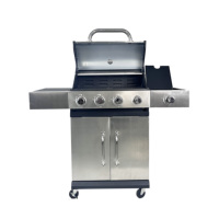 Barbecue au propane d'extérieur avec quatre brûleurs, zone de cuisson latérale, armoire de rangement et chariot mobile