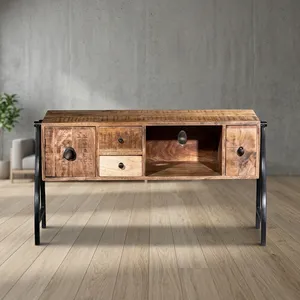 Meuble console multimédia industriel en mosaïque avec 4 tiroirs et 1 étagère, pieds en bois - Product Image 6