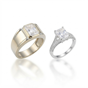 <b>Couple</b> Princess Cut Crystal Engagement <b>Ring</b> Women's 925 Silver Plated Rhodium Finish Traditional Style Square Prong Setting - Product Image 1