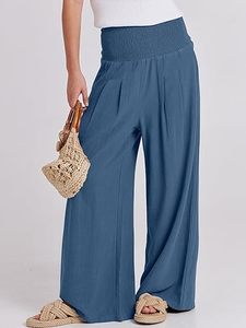 Women High Waist Wide Leg Pants Solid Color Pleated Loose Fit Elastic Waist Casual Summer Full Length Crepe Trousers - Product Image 1