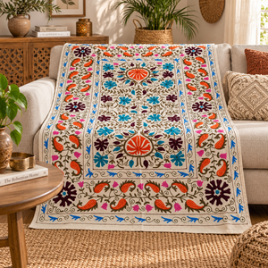 Drap de lit en coton brodé Suzani fait main de luxe, ivoire, orange, aqua, floral, paisley, bohème, ethnique indien, décoration de la maison, couvre-lit - Product Image 4