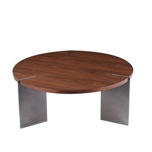 Walnut Wood Round Coffee <b>Table</b> with Black Metal <b>Feet</b> - Product Image 6