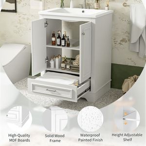 Mobile Bagno Moderno Freestanding da 24 Pollici con Lavabo in Ceramica, Mobiletto Contenitore con Chiusura Ammortizzata e Maniglie Argento - Product Image 6