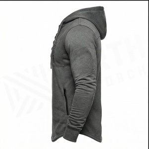 Sweat-shirt à capuche pour homme, coupe ajustée, manches longues, avec poche avant et design à lacets, gris, vêtement décontracté pour l'automne - Product Image 3